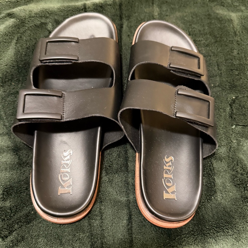 Korks Black Leather Sandals - Adjustable Velcro Straps